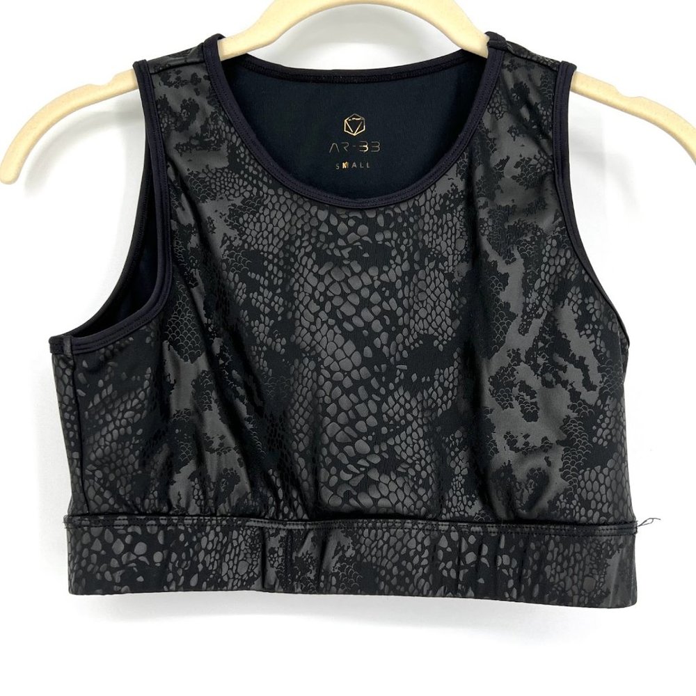 AR-33 Size Small Snakeskin Printed Crop Sports Bra Black High Neck
